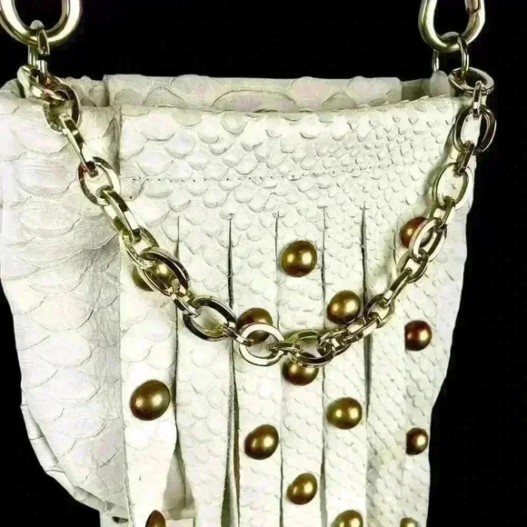 Furla Boho Chic White Leather Snakeskin Fringed Studded Crossbody Purse GlamRock - Picture 6 of 16